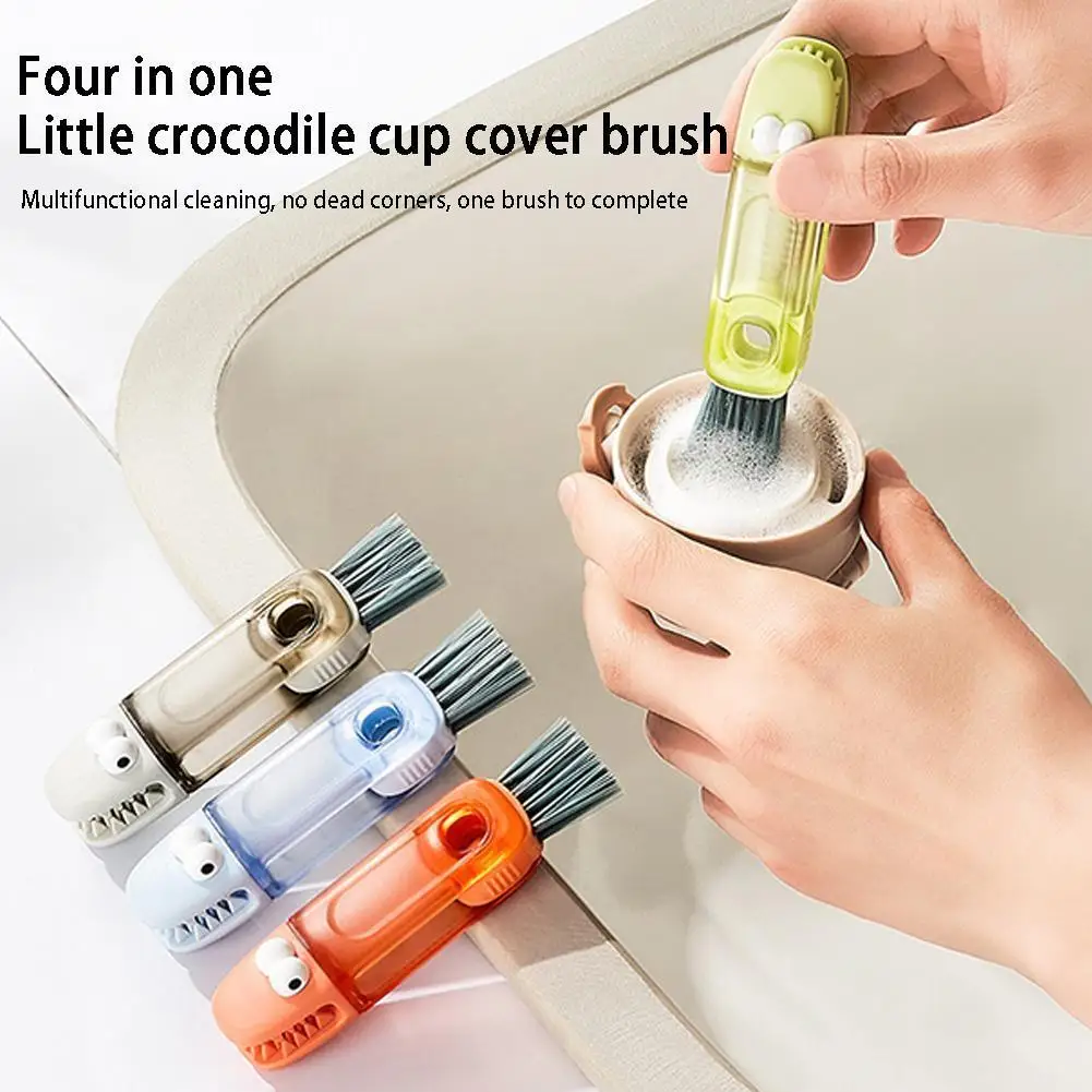 

3in1 Bottle Cup Cute Crocodile Tiny Lid Detail Brush Baby Cleaning Mug Brush Bottle Household Rotatable Cleaning Tool G2I9