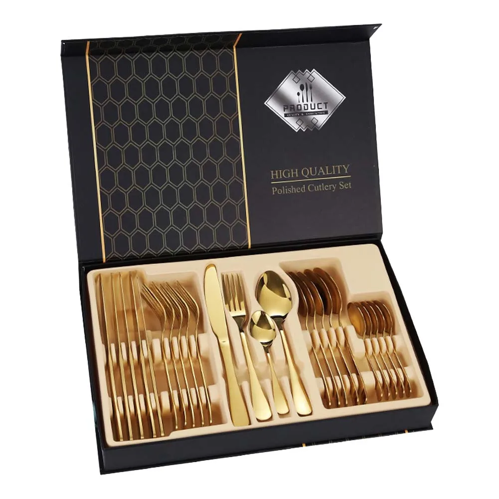 24pcs Gold Dinnerware Set Stainless Steel Tableware Set Knife Fork Spoon Luxury Cutlery Set Kitchen Flatware Dishwasher Safe
24pcs Gold Dinnerware Set Stainless Steel Tableware Set Knife Fork Spoon Luxury Cutlery Set Kitchen Flatware Dishwasher Safe