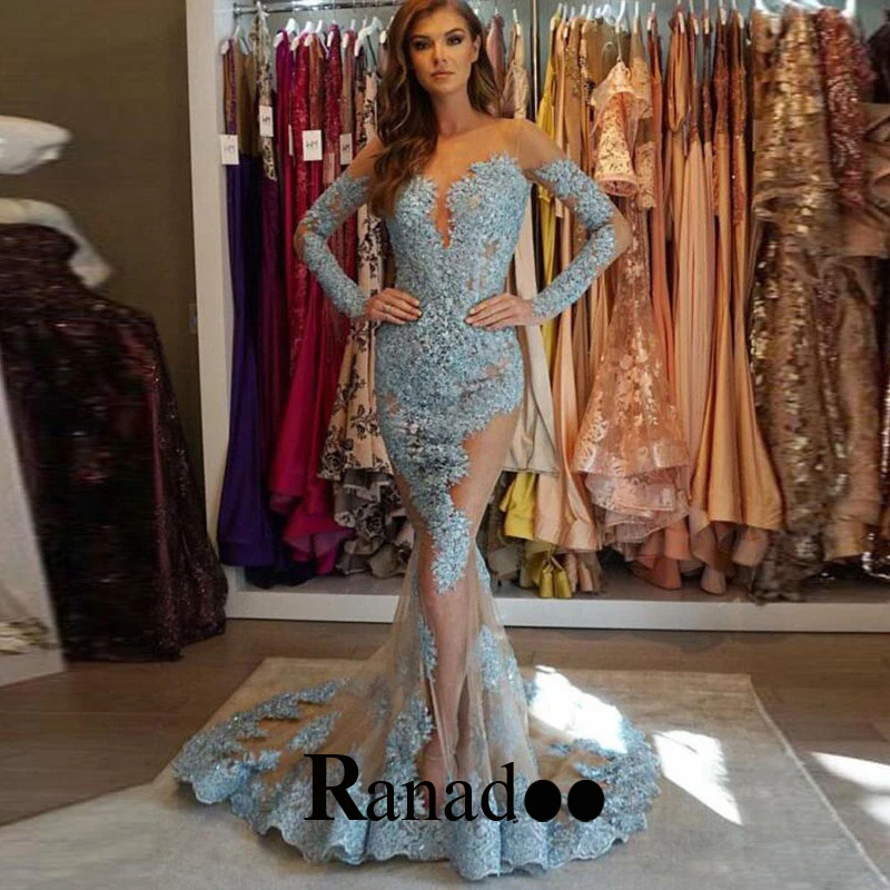 Sexy Illusion Appliques Evening Dresses Mermaid Tulle Sequins O Neck Full Sleeve Abendkleider Court Train Customised
Sexy Illusion Appliques Evening Dresses Mermaid Tulle Sequins O Neck Full Sleeve Abendkleider Court Train Customised