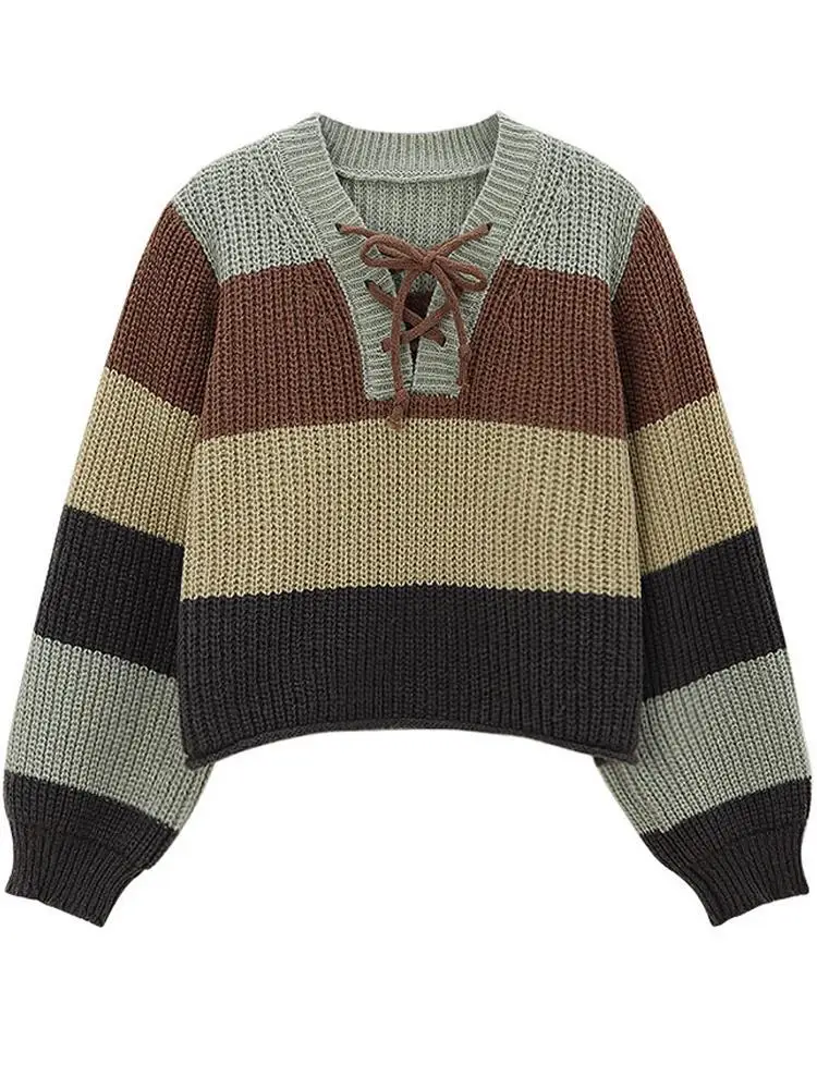 Stripe Colour Collision Tie Knit Jumper Pure Desire Wind Autumn New Design V-neck Short Long-sleeved Tops
Stripe Colour Collision Tie Knit Jumper Pure Desire Wind Autumn New Design V-neck Short Long-sleeved Tops