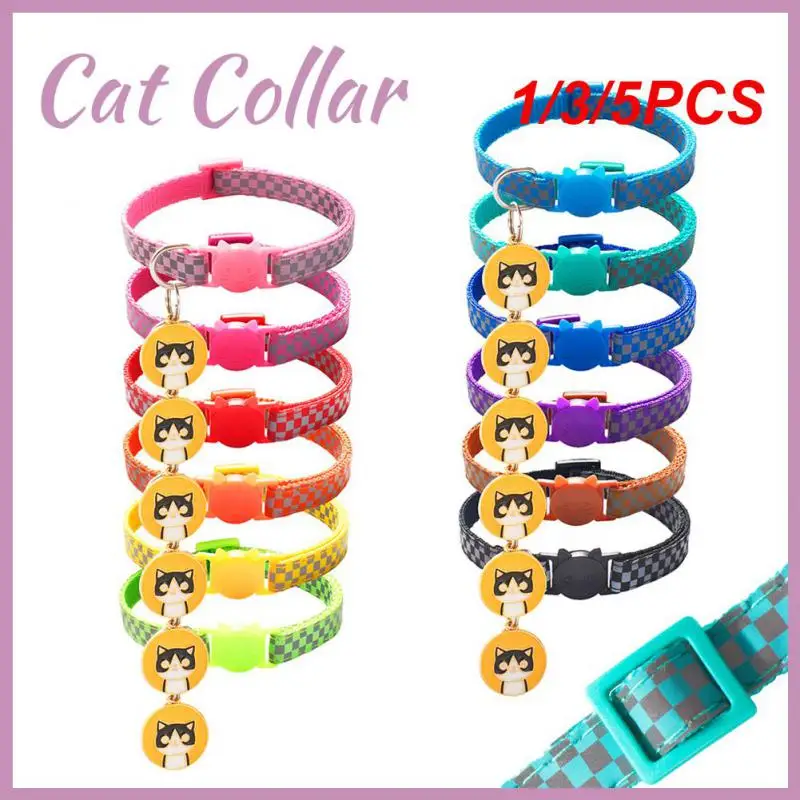 

1/3/5PCS Colors Cats Pendants Pet Collars Grid Adjustable Nylon Buckles Check Reflective Pets Collar Cat Head Pattern