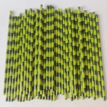 50pcs Green Brown Bamboo Pattern Paper Straws Juice Cocktail Drinking Straw for Wedding Birthday Bar Pub Jungle Party Supplies