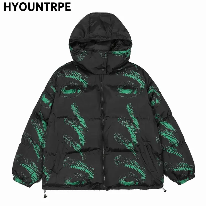 

Hip Hop Hooded Parka Jacket Streetwear Men Snake Print Windbreaker Harajuku 2022 Winter Cotton Padded Jacket Coat Puffer Outwear