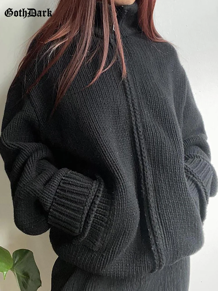 

Goth Dark Mall Gothic Turtleneck Women Knitted Coats 90s Grunge Punk Black Women Zip Up Jackets Pocket Streetwear Cardigans Fall