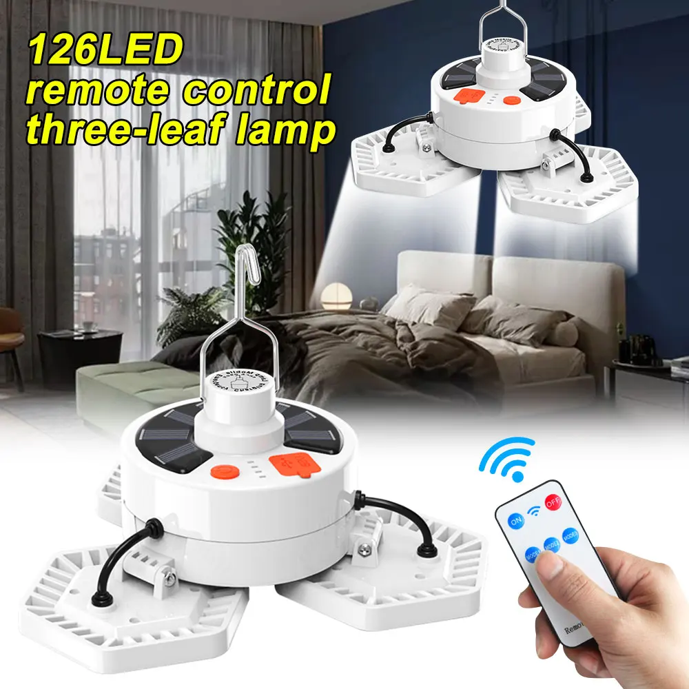 126 LEDs Solar Powered Tent Lamp Remote Control 3-leaf Lantern with Hook Rechargeable Emergency Night Market Light AS Power Bank
126 LEDs Solar Powered Tent Lamp Remote Control 3-leaf Lantern with Hook Rechargeable Emergency Night Market Light AS Power Bank