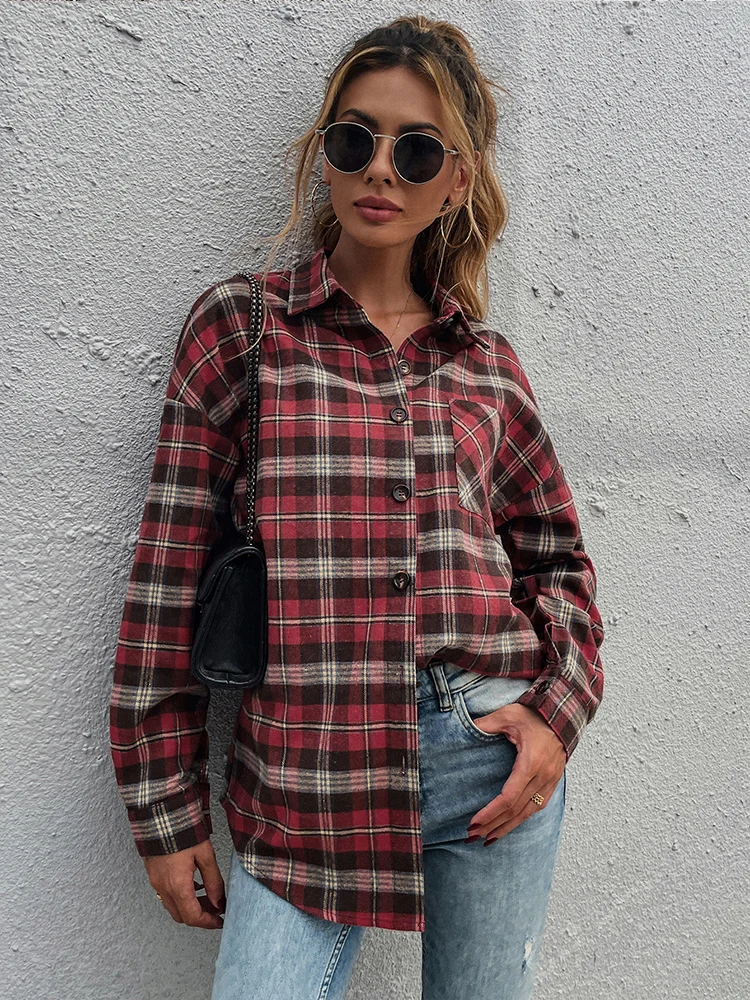 Autumn Women Vintage Loose Red Plaid Casual Shirts Female Turn-down Collar Long Sleeve Blouse With Button Outwear Clothing
Autumn Women Vintage Loose Red Plaid Casual Shirts Female Turn-down Collar Long Sleeve Blouse With Button Outwear Clothing