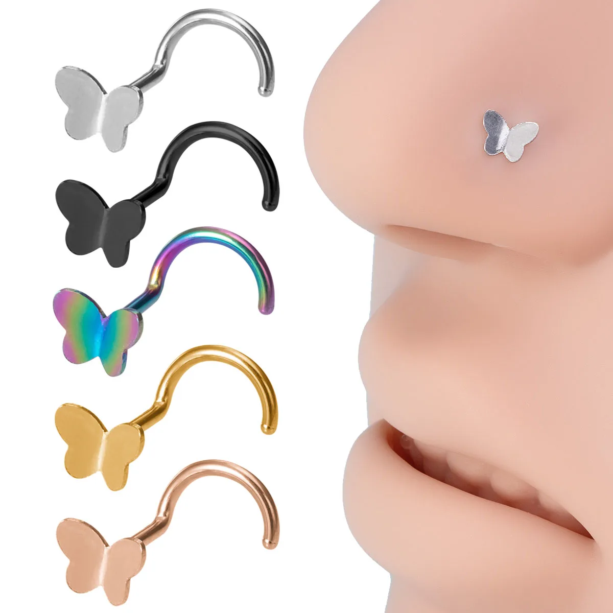 

1pc Butterfly Nose Rings Stud Earrings Ear Piercing Nariz Bone Stud Screw Stainless Steel Nostril for Women Men Body Jewelry 20G