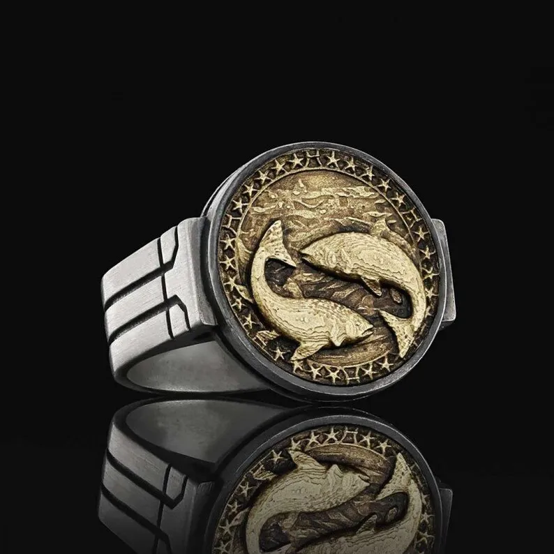 European and American Retro Pisces Ring Ancient Two-color Geometric Ring Jewelry Men's Personality To Attend The Banquet Jewelry
European and American Retro Pisces Ring Ancient Two-color Geometric Ring Jewelry Men's Personality To Attend The Banquet Jewelry