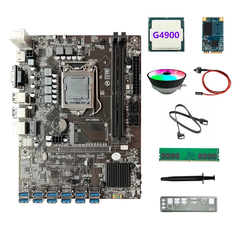 Материнская плата B250C ETH Miner 12USB + процессор G4900 + DDR4 4 ГБ ОЗУ + 64 Гб SSD + вентилятор RGB + кабель SATA + коммутационный кабель + термопаста + перегородка 
Материнская плата B250C ETH Miner 12USB + процессор G4900 + DDR4 4 ГБ ОЗУ + 64 Гб SSD + вентилятор RGB + кабель SATA + коммутационный кабель + термопаста + перегородка