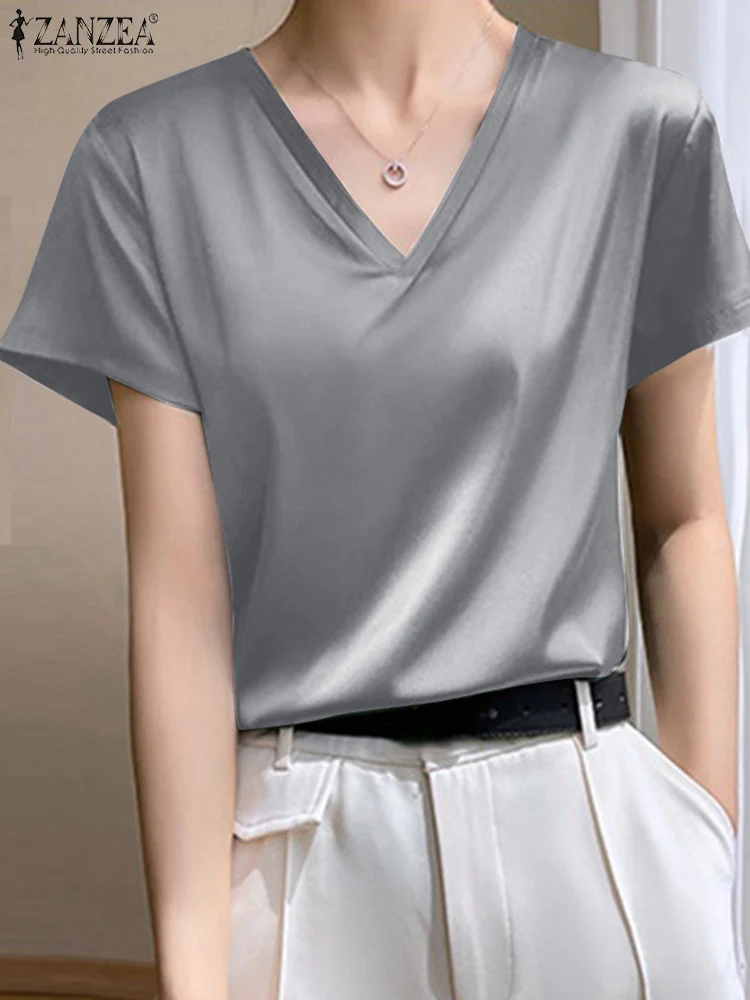 Summer Fashion OL Satin Blouse Women Short Sleeve V Neck Shirt ZANZEA Female Causal Work Tops Oversize Blusas Lady Party Tunic
Summer Fashion OL Satin Blouse Women Short Sleeve V Neck Shirt ZANZEA Female Causal Work Tops Oversize Blusas Lady Party Tunic