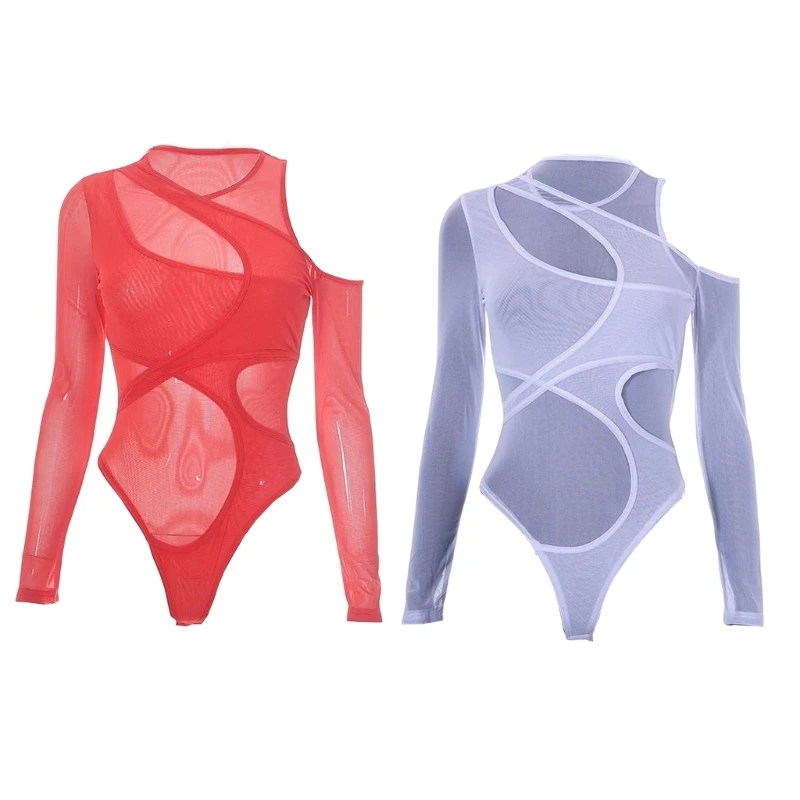 

Women Long Sleeve Crewneck Skinny Sheer Bodysuits Top Sexy Cutout Shoulder Asymmetrical Mesh Thongs Jumpsuits Leotard