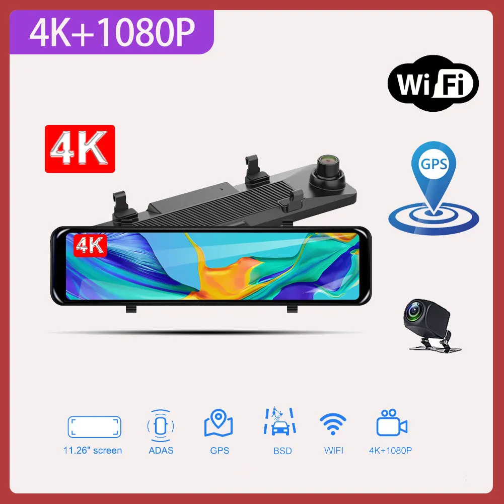 

12" 4K +1080P Mirror Car DVR ADAS Dash Cam WIFI Auto GPS Registrar Video Recorder Dual Camera Super Night