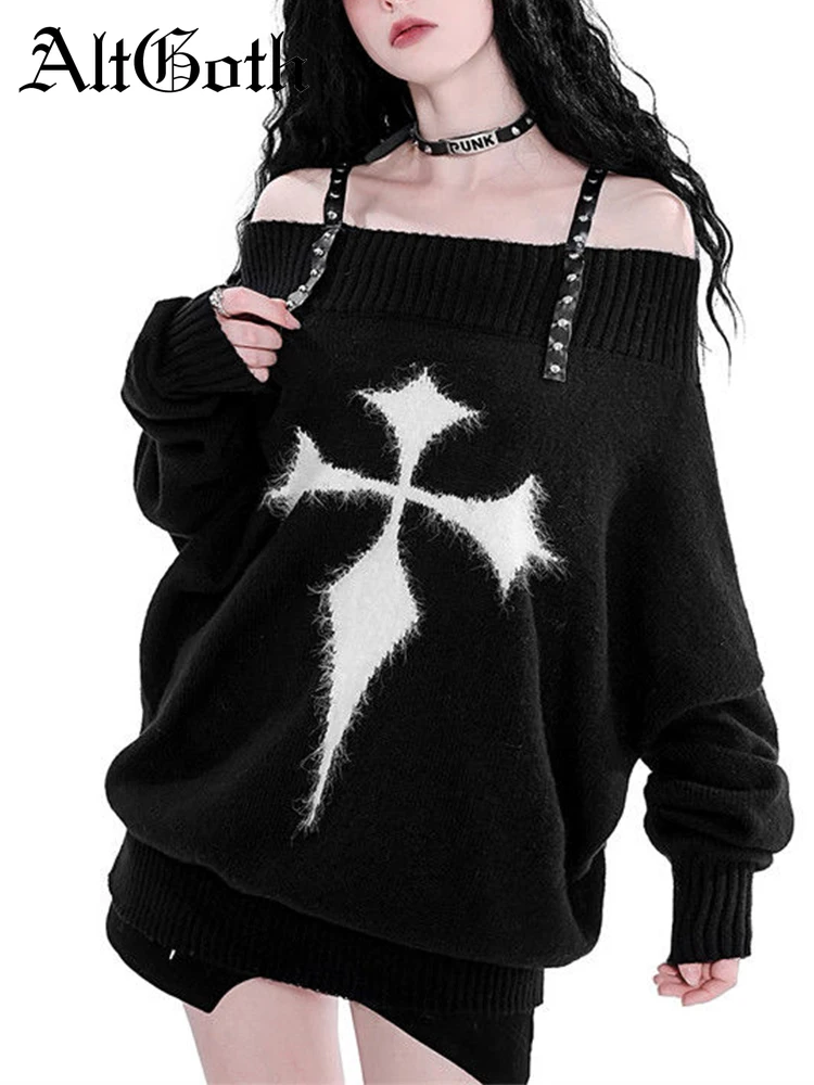 

AltGoth Mall Goth Cross Sweater Women Aesthetic Fairy Grunge Slash Shoulder Long Sleeve Loose Knitted Pullover Emo Alt Outfits