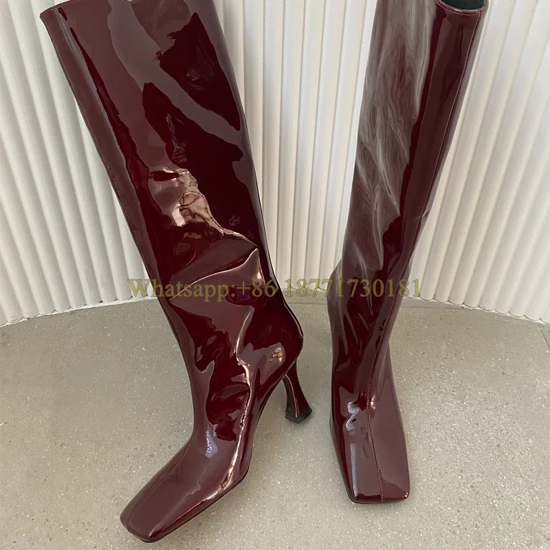 Женские сапоги до колена без застежек, красные сапоги из лакированной кожи на высоком каблуке, привлекательная обувь для женщин, зима 2022 
Женские сапоги до колена без застежек, красные сапоги из лакированной кожи на высоком каблуке, привлекательная обувь для женщин, зима 2022