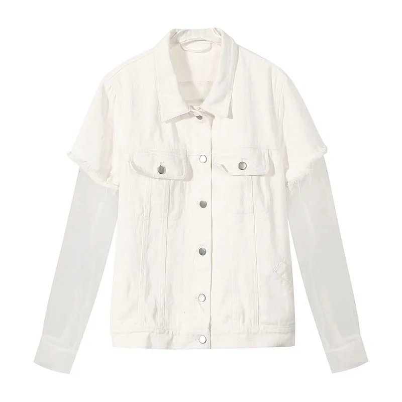 SeeBeautiful Irregular Hole Perspective Mesh Stitching Denim Jacket Coat Lapel Long Sleeve Women 2022 Spring New Fashion Q159
SeeBeautiful Irregular Hole Perspective Mesh Stitching Denim Jacket Coat Lapel Long Sleeve Women 2022 Spring New Fashion Q159