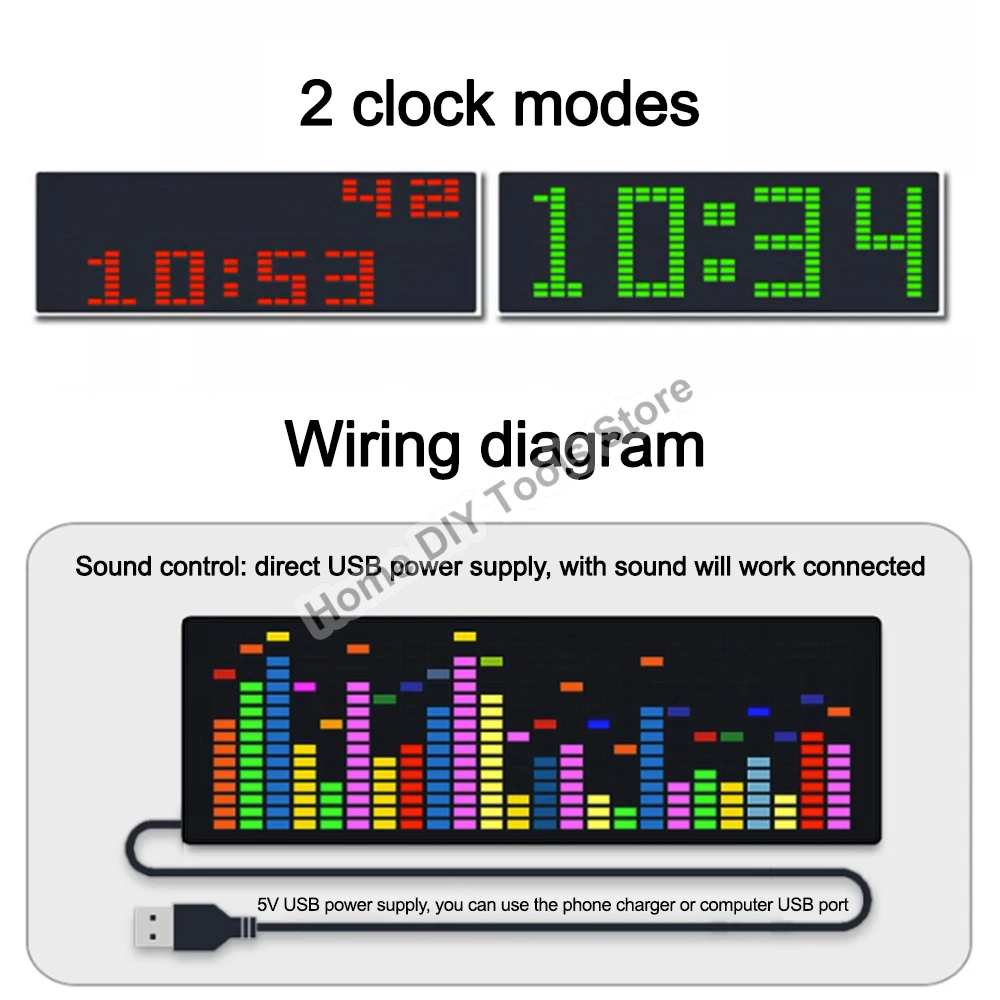 

Voice Activated LED Music Spectrum Rhythm Light Colorful 1624 RGB Voice Sensor With Clock Display Audio Level Indicator VU Meter