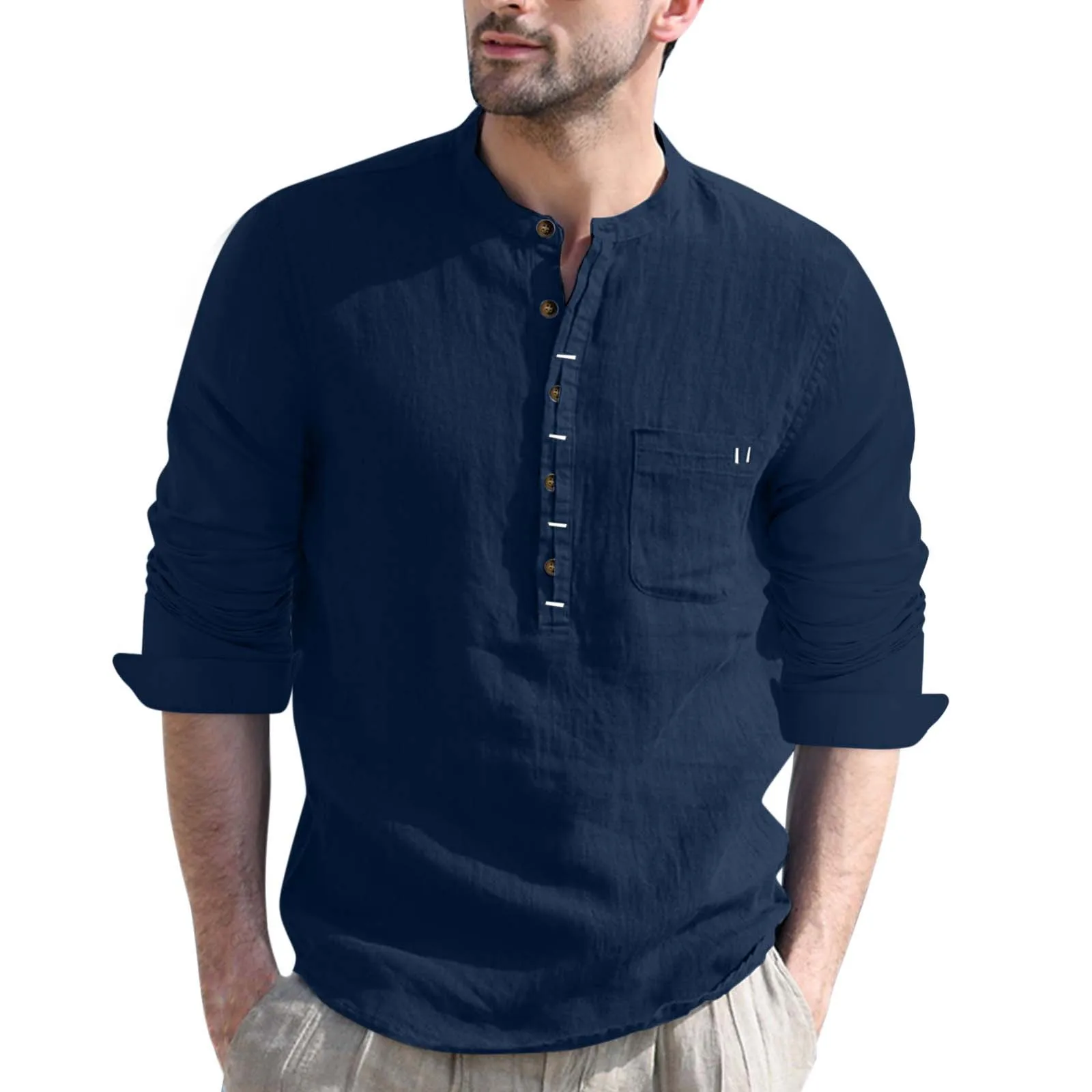 Male Casual Solid T Shirt Blouse Pocket Long Sleeve Button Stand Collar Tops T Shirt
Male Casual Solid T Shirt Blouse Pocket Long Sleeve Button Stand Collar Tops T Shirt