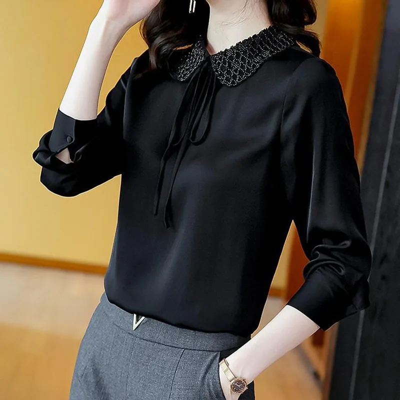Elegant Commute Solid Color Beading Spliced Shirt Spring Autumn Fashion Long Sleeve Peter Pan Collar Lace Up Blouse for Female
Elegant Commute Solid Color Beading Spliced Shirt Spring Autumn Fashion Long Sleeve Peter Pan Collar Lace Up Blouse for Female