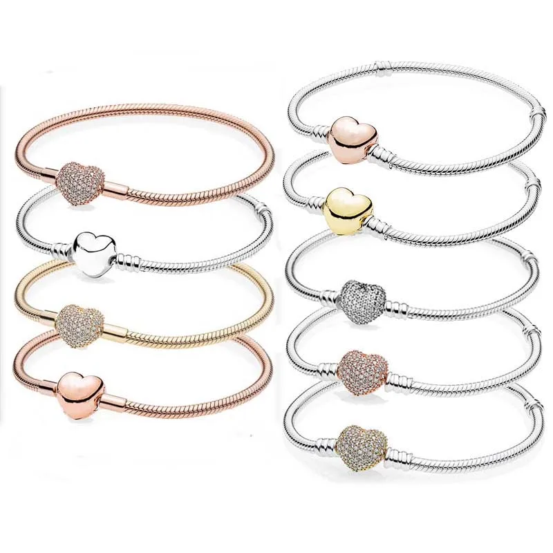 Rose Gold Silver Moments Pave Heart Clasp Snake Chain 925 Sterling Silver Bracelet Bangle Fit Pandora Bead Charm DIY Jewelry
Rose Gold Silver Moments Pave Heart Clasp Snake Chain 925 Sterling Silver Bracelet Bangle Fit Pandora Bead Charm DIY Jewelry
