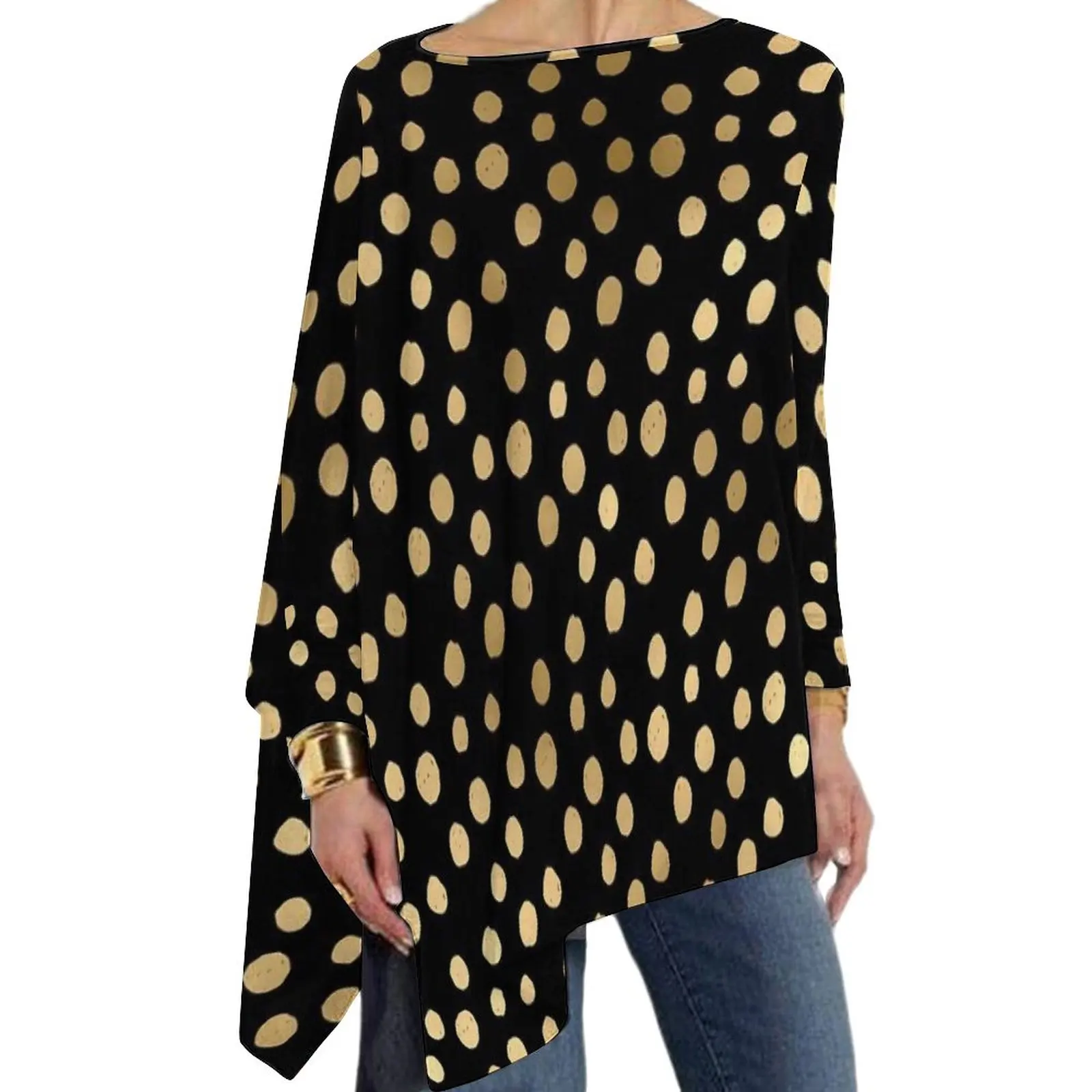 

Gold Dot Print T-Shirt Polka Dots Pretty Long Sleeve T Shirts Woman Casual Tee Shirt Oversize Graphic Tees