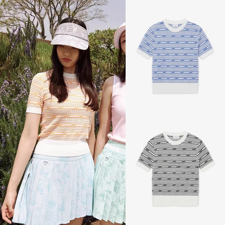 23 Korean Golf clothing women's summer casual breathable printed knitted top fashion crewneck short sleeve stripes 
23 Korean Golf clothing women's summer casual breathable printed knitted top fashion crewneck short sleeve stripes