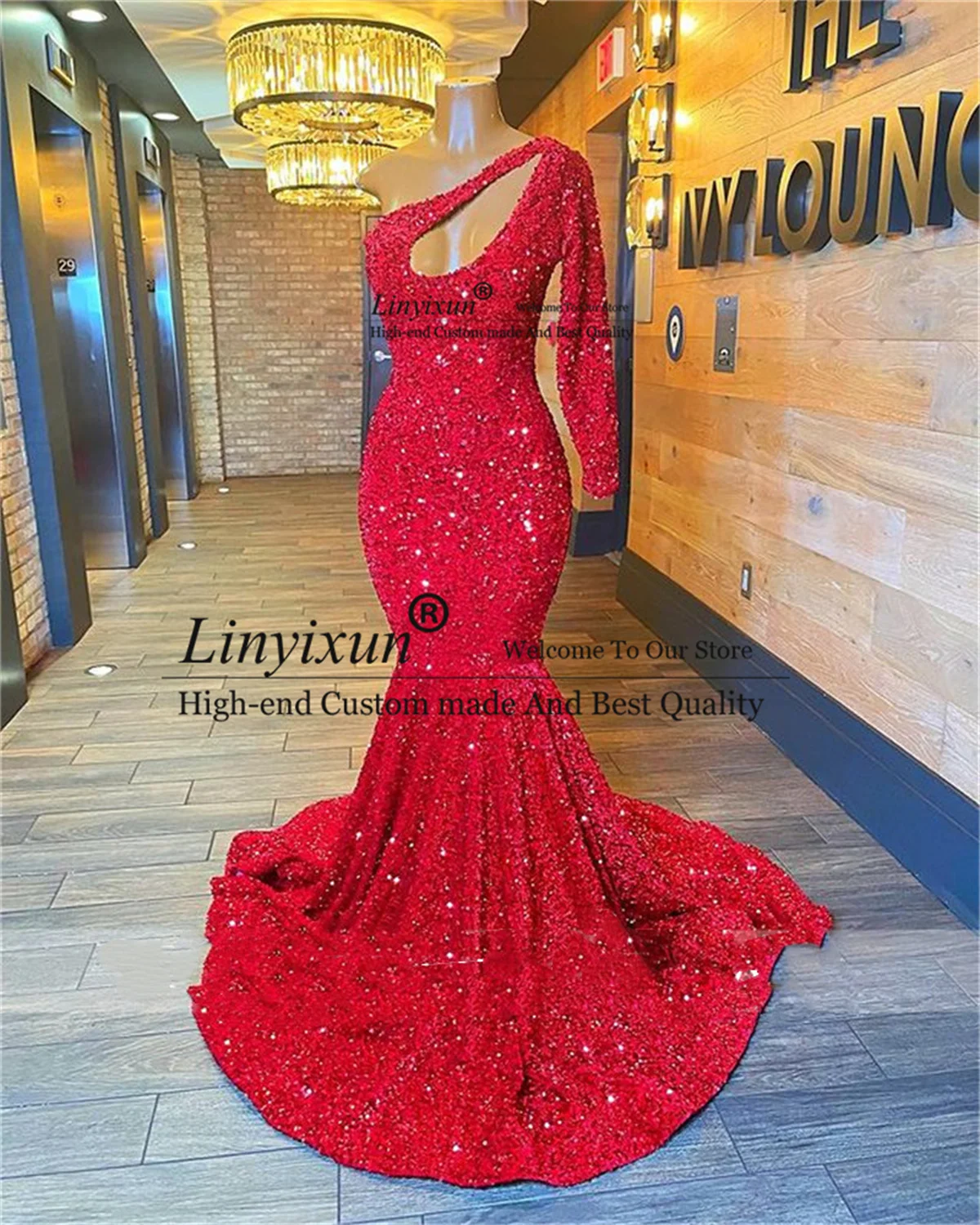 Sparkly Red One Shoulder Long Mermaid Prom Dresses Sequined Full Sleeves Formal Evening Party Gown Court Train robes de soirée
Sparkly Red One Shoulder Long Mermaid Prom Dresses Sequined Full Sleeves Formal Evening Party Gown Court Train robes de soirée