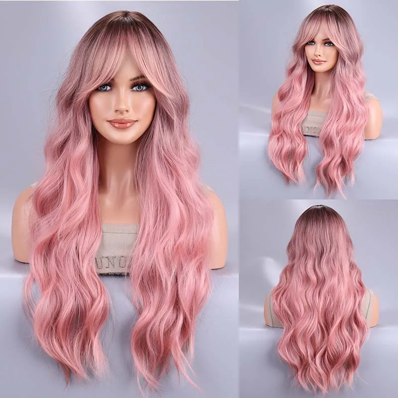 

Long Curly Synthetic Peach pink Wigs with Bangs for Women Daily Cosplay Lolita Wave Wig Natural Fake Hair Heat Resistant