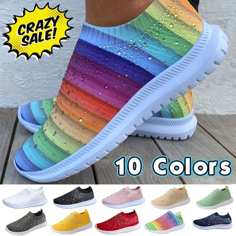Женские радужные вязаные кроссовки на плоской подошве, дышащие сетчатые кроссовки, Женская Повседневная легкая прогулочная обувь
Женские радужные вязаные кроссовки на плоской подошве, дышащие сетчатые кроссовки, Женская Повседневная легкая прогулочная обувь