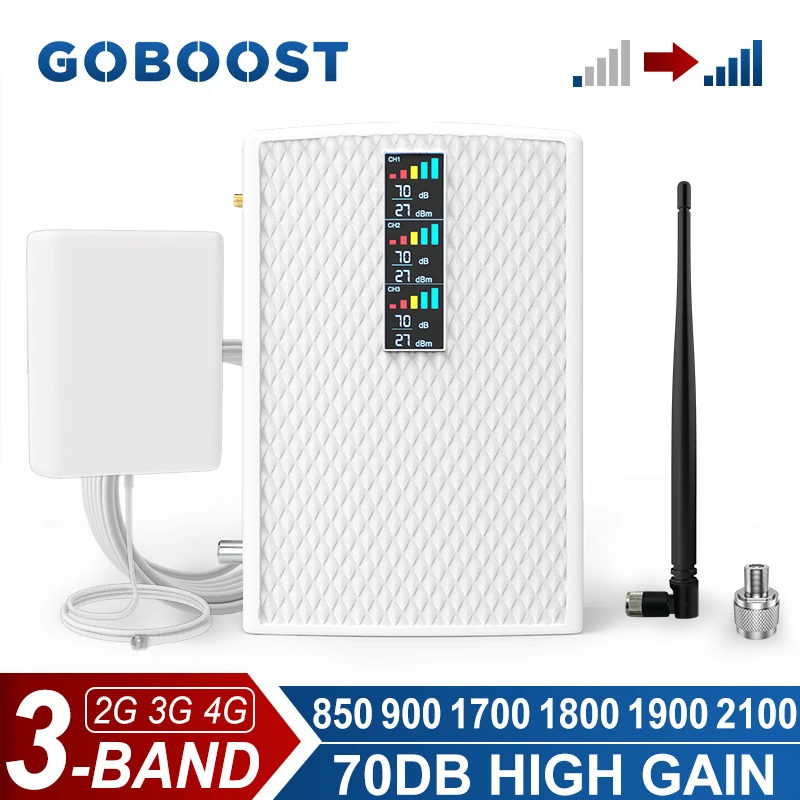 

GOBOOST Signal Repeater Tri Band 70dB High Gain Booster 2G 3G 4G Cellular Amplifier LTE 850 900 1700 1800 1900 2100 MHz Antenna