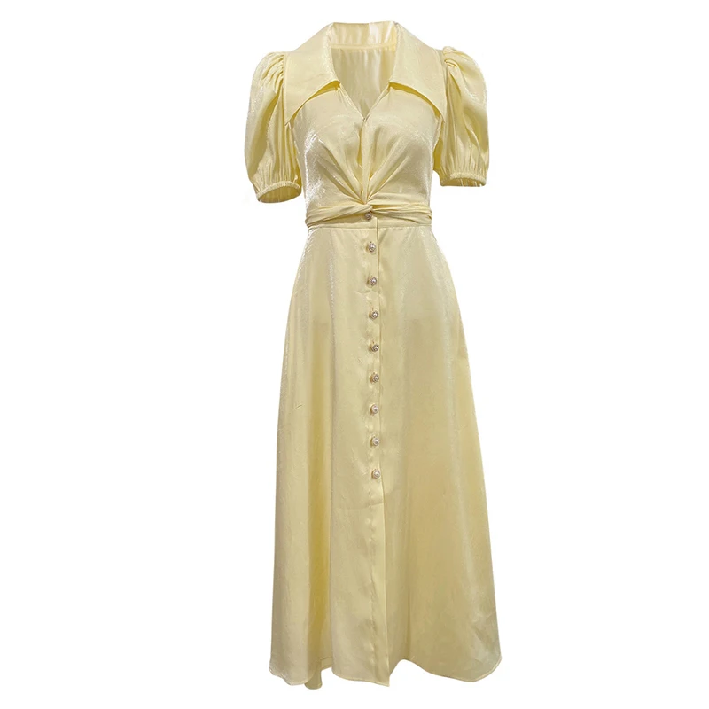Fashion Summer New Feminine Temperament Lapel Single Row Pearl Button Solid Color Shirt Puff Sleeve Knot Beautiful Dress
Fashion Summer New Feminine Temperament Lapel Single Row Pearl Button Solid Color Shirt Puff Sleeve Knot Beautiful Dress