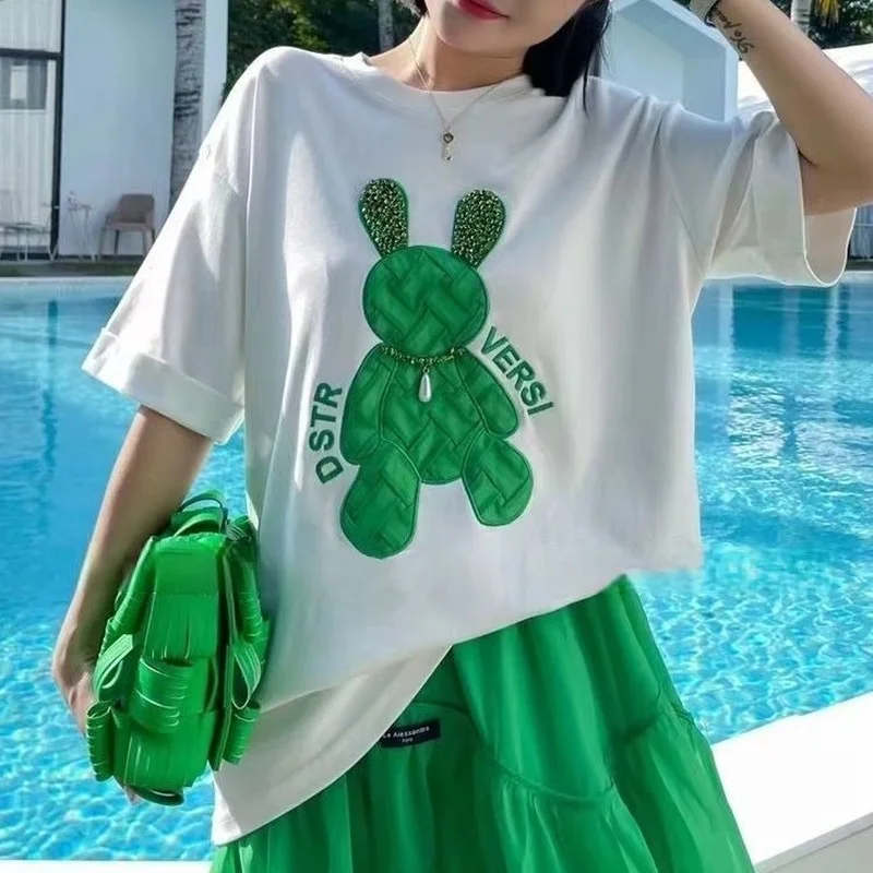 Luxury Crystal Cartoon Embroidery Knit Rabbit T Shirts Streetwear Korean Fashion Sweet Girls 2022 Summer Large 2XL Casual Tops
Luxury Crystal Cartoon Embroidery Knit Rabbit T Shirts Streetwear Korean Fashion Sweet Girls 2022 Summer Large 2XL Casual Tops