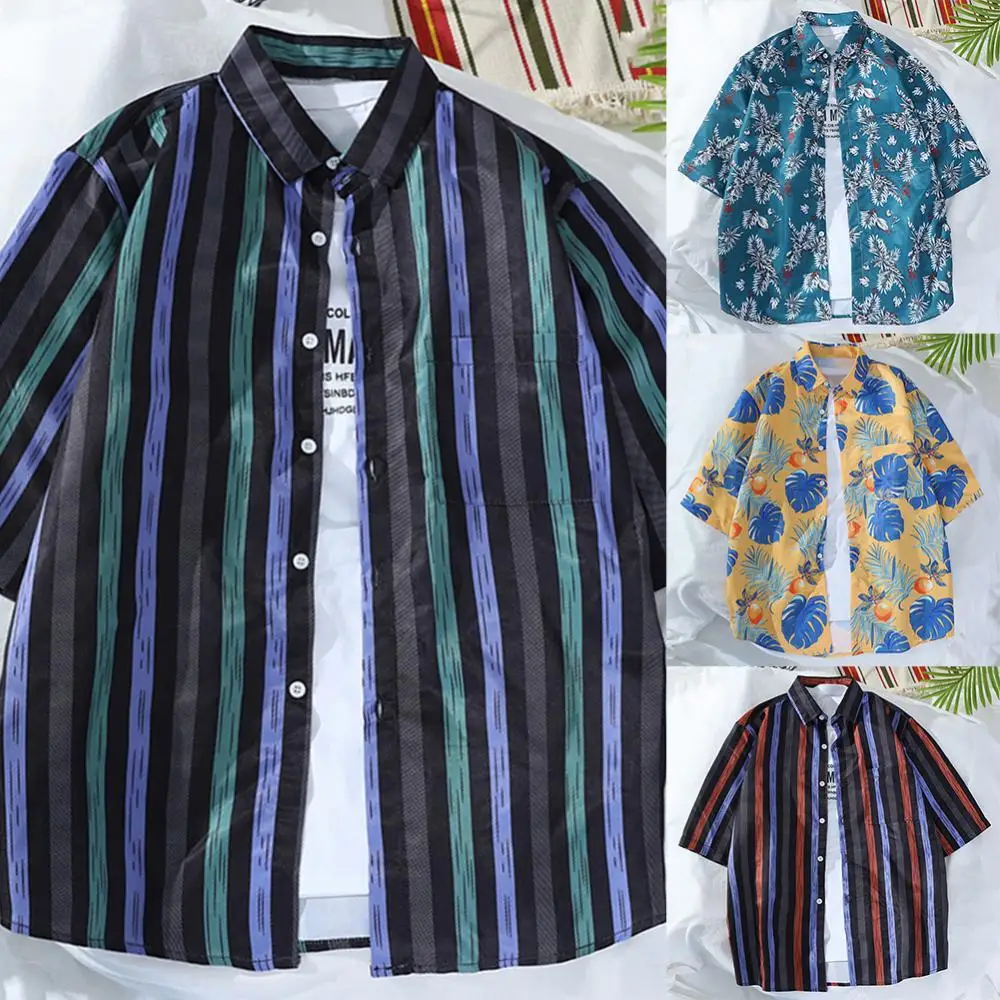 

Casual Men Shirt Half Sleeve Turn Down Collar Shirt Floral Stripes Loose T-shirt Top Male Clothing Streetwear