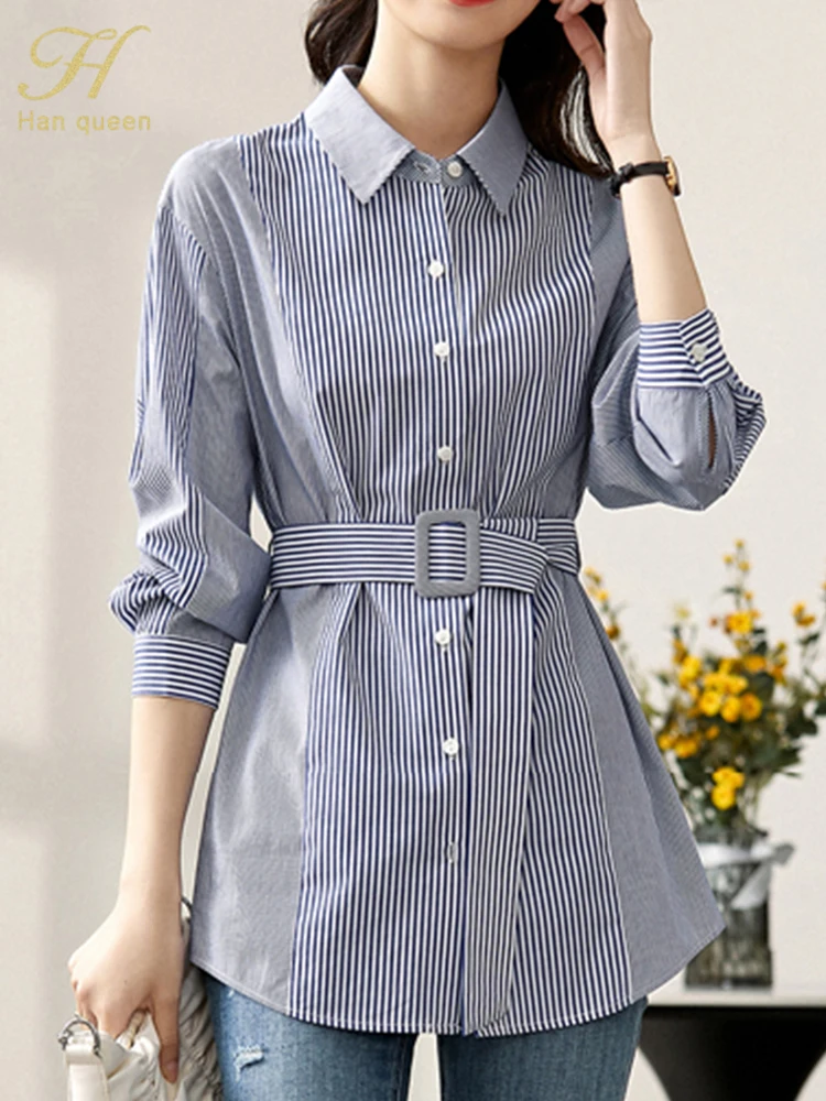 

H Han Queen Fashion Stripes Splicing Office Lady Blusa Vintage Tops Simple Elegant Chiffon Blouses Women Korean Casual Shirts