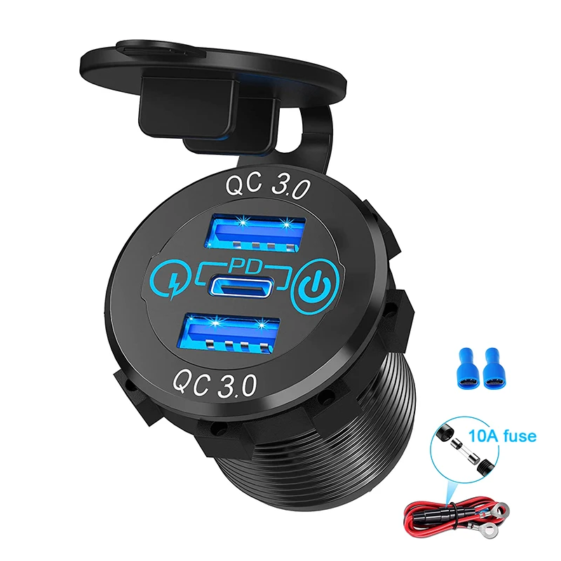 

12V/24V Triple Aluminum Metal 60W USB-C Multiple Car Charger Socket PD3.0 Two QC3.0 Ports with Touch Switch Fast Car Adapter