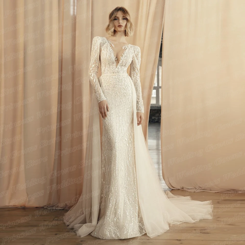 

Gorgeous Sparkle Mermaid Wedding Dresses Plunging Neck Long Sleeve Floor Length Detachable Train 2022 Luxury Bride Bridal Gown