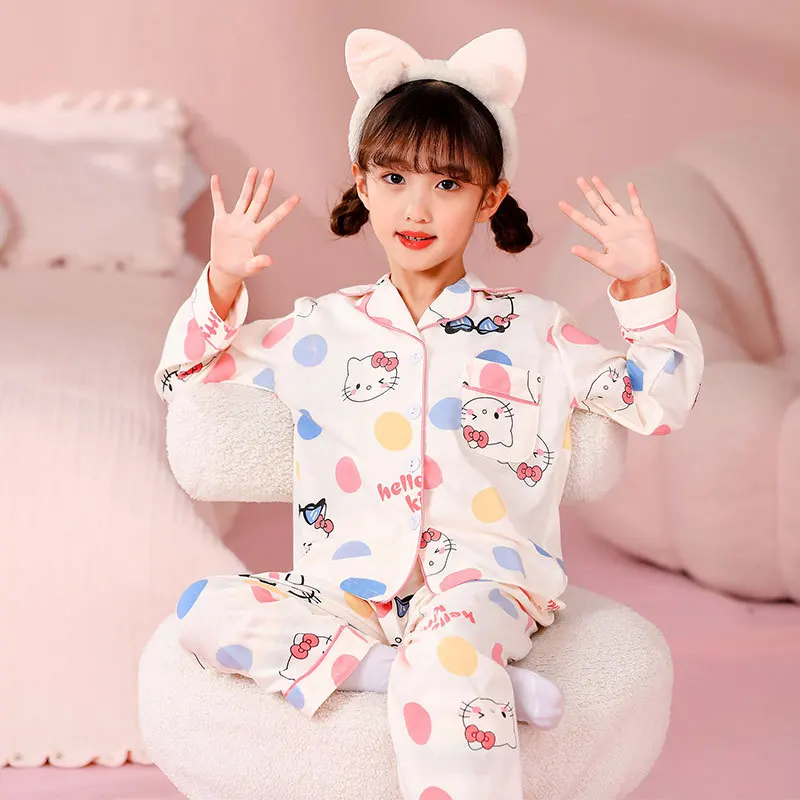 

Весенне-Осенняя детская Аниме пижама Hello Kittys Kuromi Cinnamoroll, мультяшная Sanrioed Хлопковая пижама с длинными рукавами и лацканами