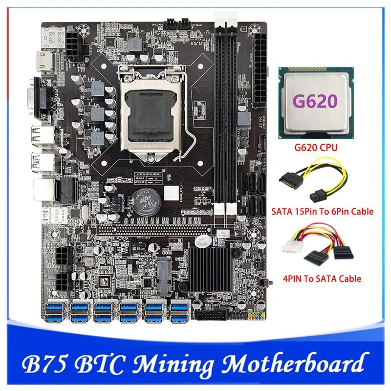 

Материнская плата B75 BTC для майнинга 12 PCIE на USB MSATA DDR3 с процессором G620 + SATA кабель 15pin-6pin B75 USB ETH Майнинг