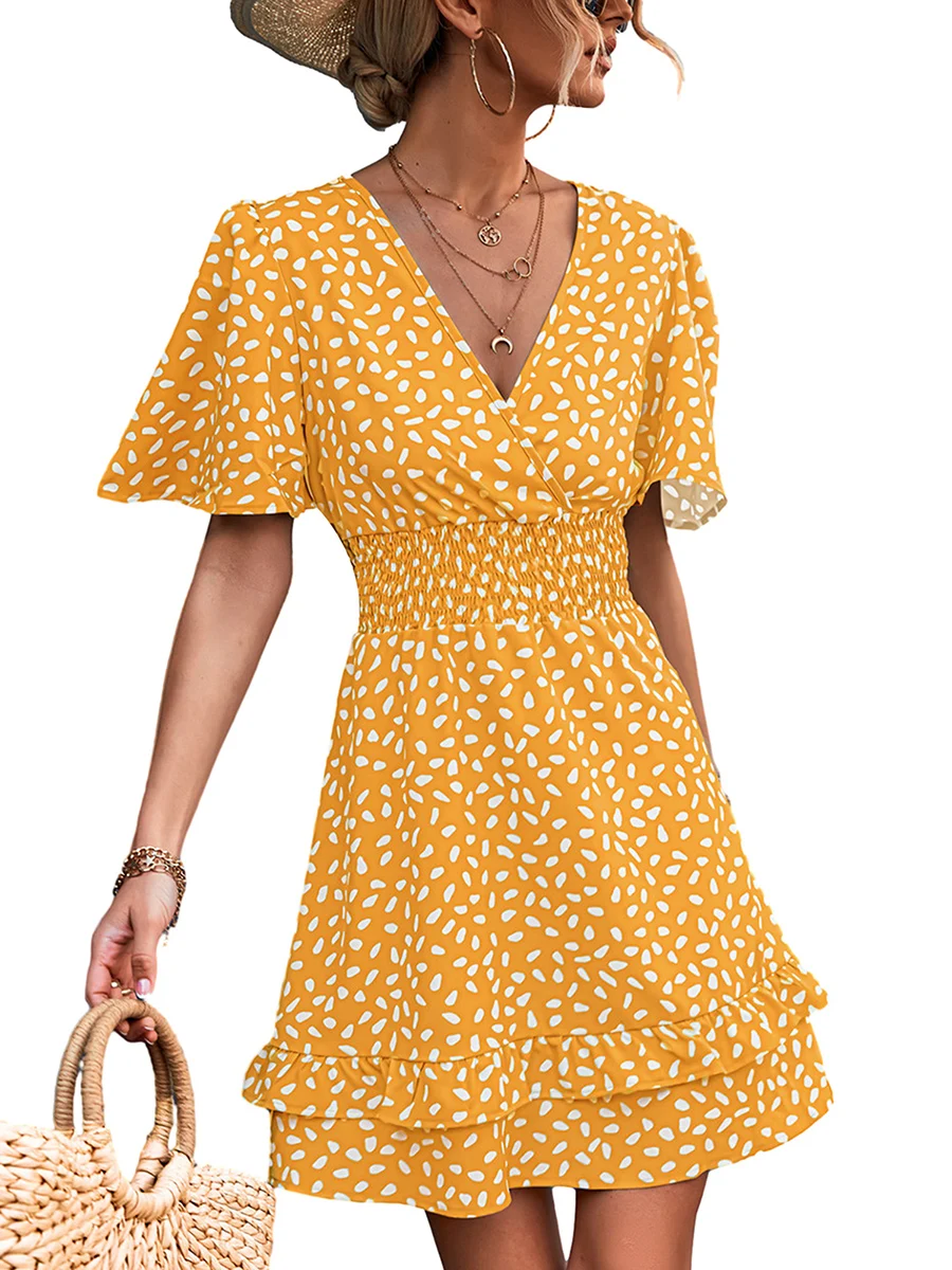 

Women s Elegant Floral Print Ruffle Sleeveless Wrap Dress with V-Neckline and A-Line Flowy Hem - Perfect for Summer