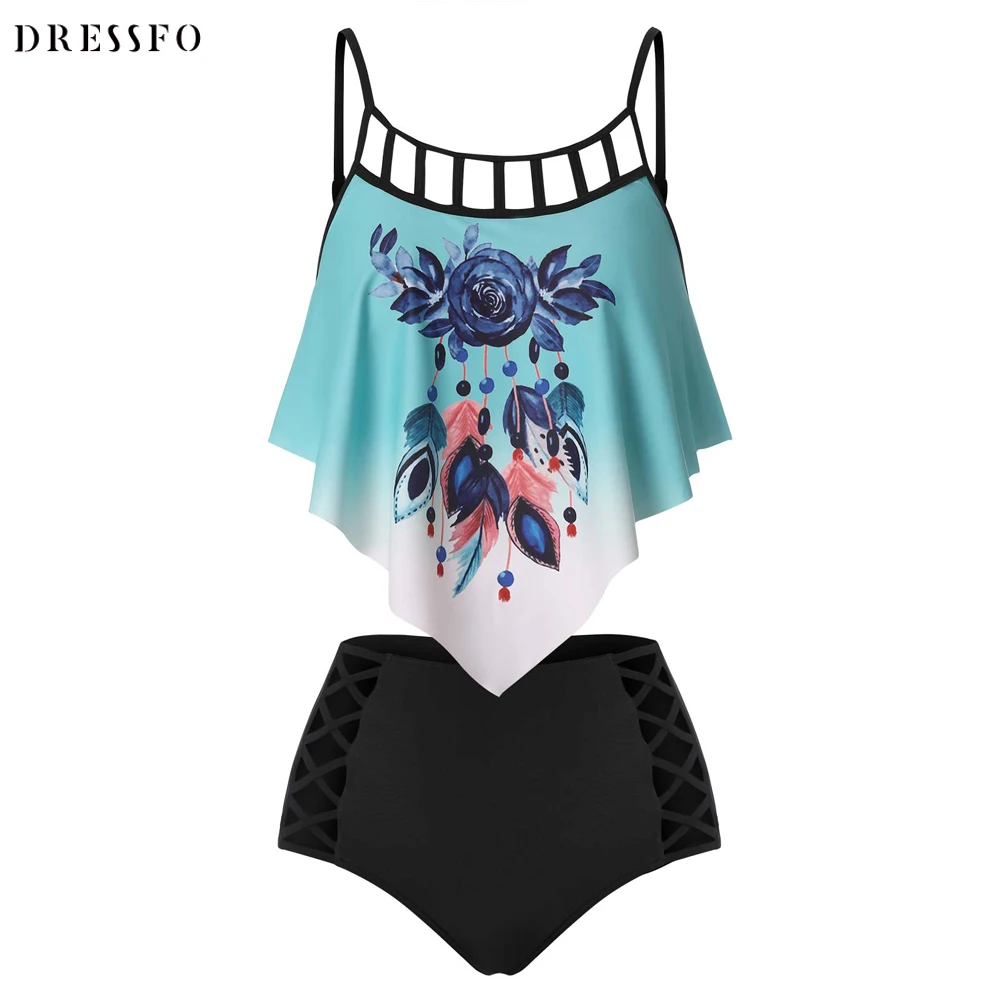 

Dressfo Tankini Swimsuit Floral Print Swimwear High Waist Flounce Cut Out Ruched Tummy Control Bathing Suit Vacation Beachwear