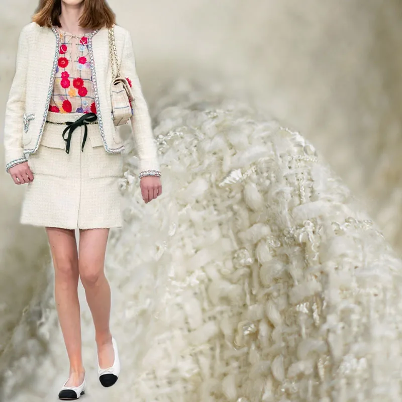 

50x145cm Fashion White Color Check Yarn-Dyed Braided Tweed Fabric For Women Autumn Jacket Dress Suits Coat Handbag DIY Cloth