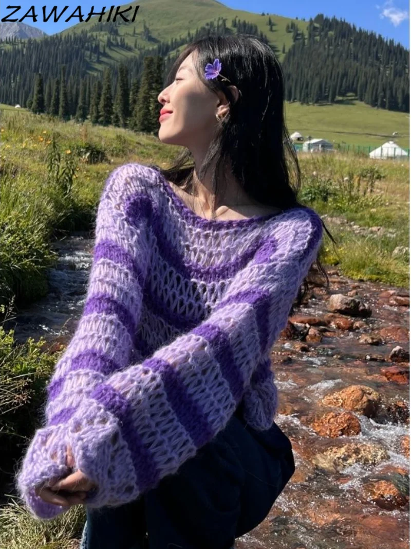 Vintage Loose Hollow Out Knit Pullovers Women Casual Y2K Clothes Purple Striped Tops Shirts Sweater Fairycore Grunge Knitwear
Vintage Loose Hollow Out Knit Pullovers Women Casual Y2K Clothes Purple Striped Tops Shirts Sweater Fairycore Grunge Knitwear