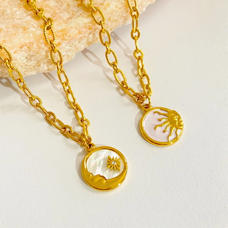 Minar Unusual 18K Gold Titanium Steel Hollow Link Chain Necklace for Women Natural Shell Coin Sunburst Moon Pendant Necklaces
Minar Unusual 18K Gold Titanium Steel Hollow Link Chain Necklace for Women Natural Shell Coin Sunburst Moon Pendant Necklaces