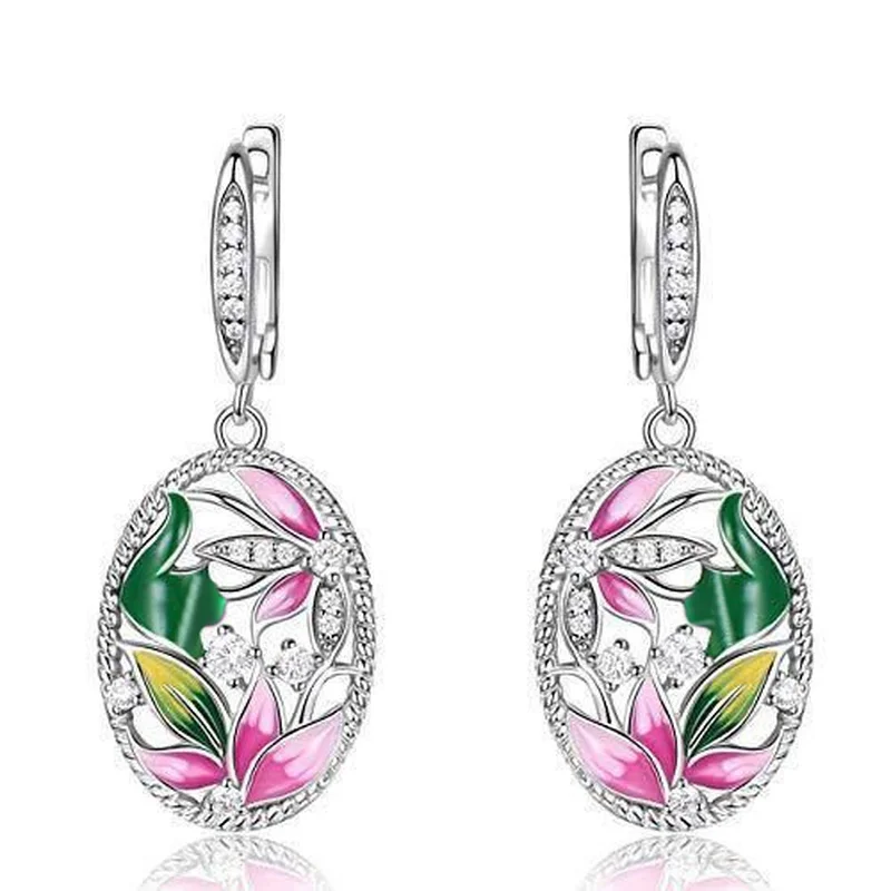 Trendy Women's Pink Flower Green Leaf Colorful Enamel Silver Inlay Oval Drop Earrings Bridal Engagement Wedding Jewelry Gift
Trendy Women's Pink Flower Green Leaf Colorful Enamel Silver Inlay Oval Drop Earrings Bridal Engagement Wedding Jewelry Gift
