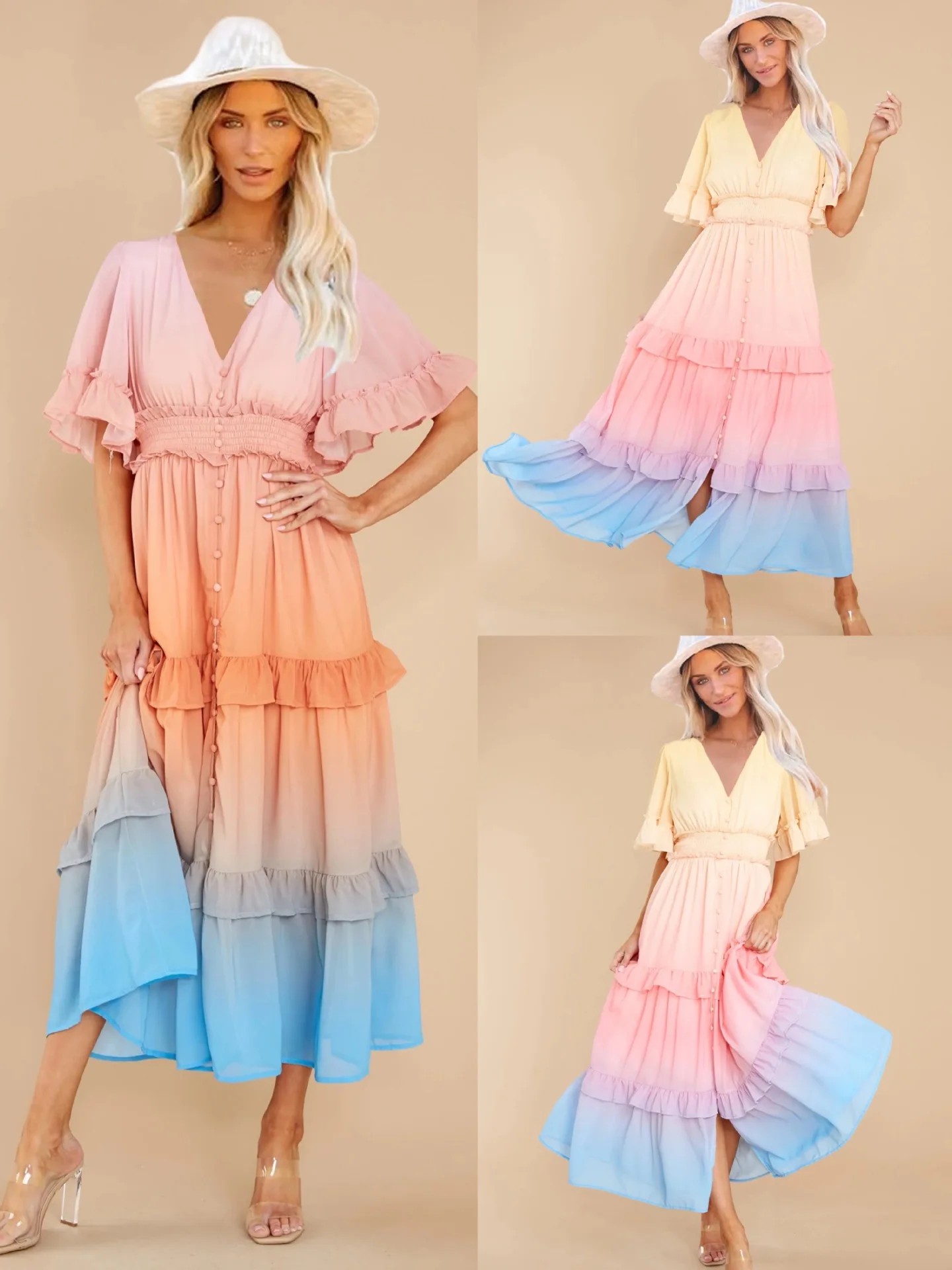 Woman Ruffle Short Sleeve chiffon dress gradient Color V Neck Pleated Button Ruffle dress S-2XL 2Color
Woman Ruffle Short Sleeve chiffon dress gradient Color V Neck Pleated Button Ruffle dress S-2XL 2Color
