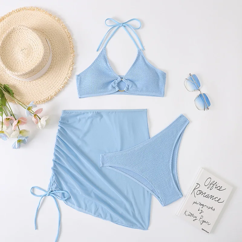 Sexy Light Blue 3 Piece Bikini Set Ruched Swimwear Women 2022 Swimsuit Lace-up Halter Bikinis Mujer Drawstring Sarong Beachwear
Sexy Light Blue 3 Piece Bikini Set Ruched Swimwear Women 2022 Swimsuit Lace-up Halter Bikinis Mujer Drawstring Sarong Beachwear