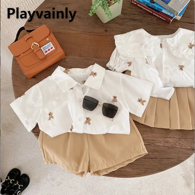 Summer Family Matching Clothes Boy Girl White Short Sleeve Bear Shirt+Shorts +skirt Cotton College Style Suit Baby Clothing E077
Summer Family Matching Clothes Boy Girl White Short Sleeve Bear Shirt+Shorts +skirt Cotton College Style Suit Baby Clothing E077