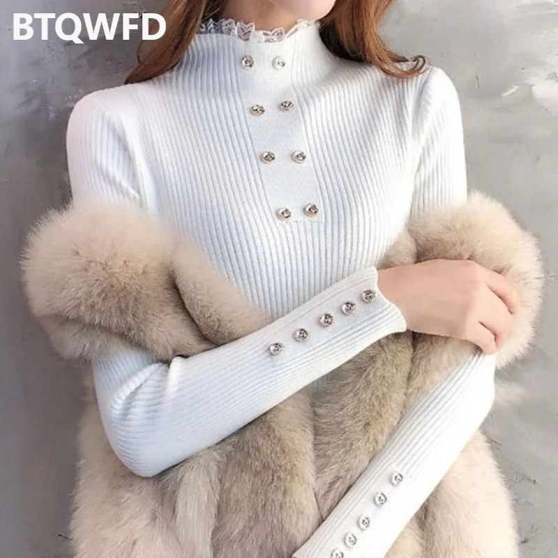 Knitted Lace Half Turtleneck Sweater Autumn Winter Female Clothing Simple Fashion Top Button Pullover 2022 New Women Long Sleeve
Knitted Lace Half Turtleneck Sweater Autumn Winter Female Clothing Simple Fashion Top Button Pullover 2022 New Women Long Sleeve