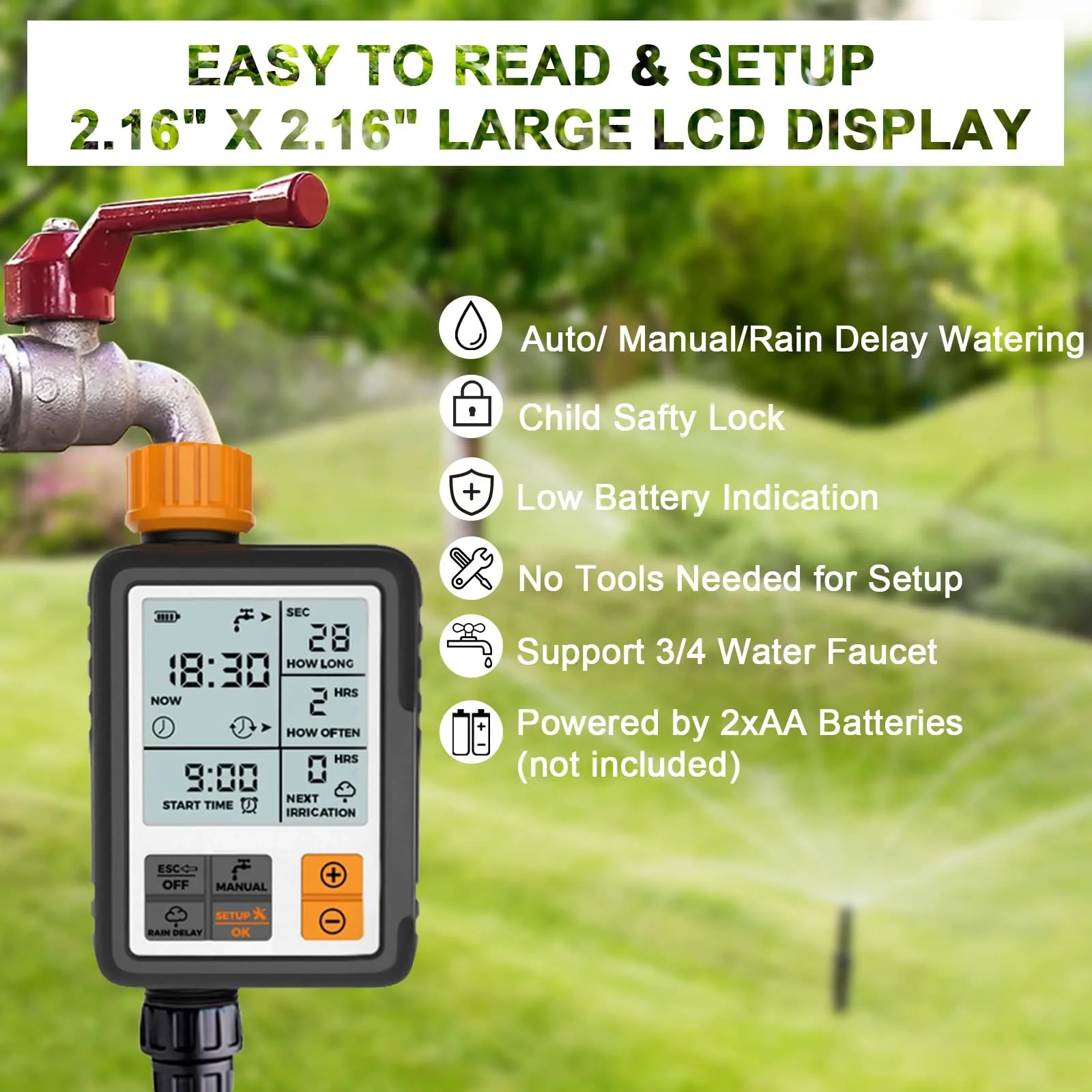 Garden Watering Timer Garden Irrigation Contronller Large Screen Display Waterproof Irrigation Timer Battery Operated Automatic
Garden Watering Timer Garden Irrigation Contronller Large Screen Display Waterproof Irrigation Timer Battery Operated Automatic