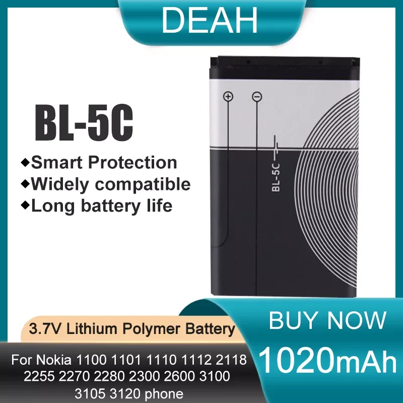 1PCS BL-5C BL 5C BL5C 3.7V 1020mAh Rechargeable Lithium Battery For Nokia 1100 1110 1200 1208 2270 2600 1112 1600 Phone Battery
1PCS BL-5C BL 5C BL5C 3.7V 1020mAh Rechargeable Lithium Battery For Nokia 1100 1110 1200 1208 2270 2600 1112 1600 Phone Battery
