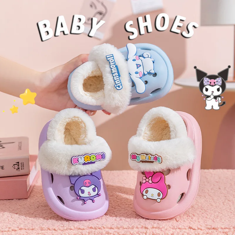 

Kawaii Sanrio Cinnamoroll Kuromi Kids Detachable Cotton Slippers Plush Paul Shoes Cute My Melody Comforter Soft Children's Gift